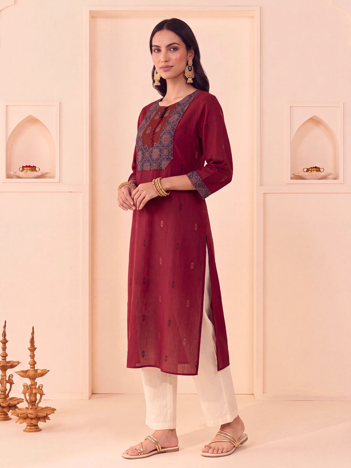Saanjh Handloom Cotton Straight Kurti with Handwork - Red - Chowkhat Lifestyle