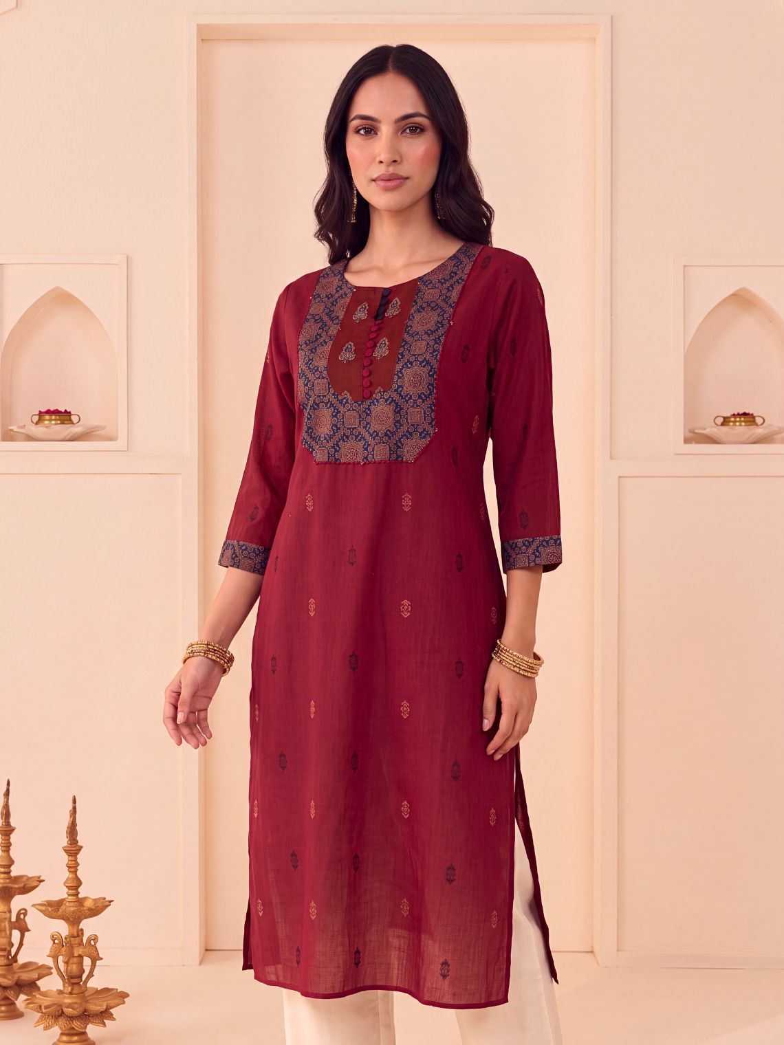 Saanjh Handloom Cotton Straight Kurti with Handwork - Red - Chowkhat Lifestyle