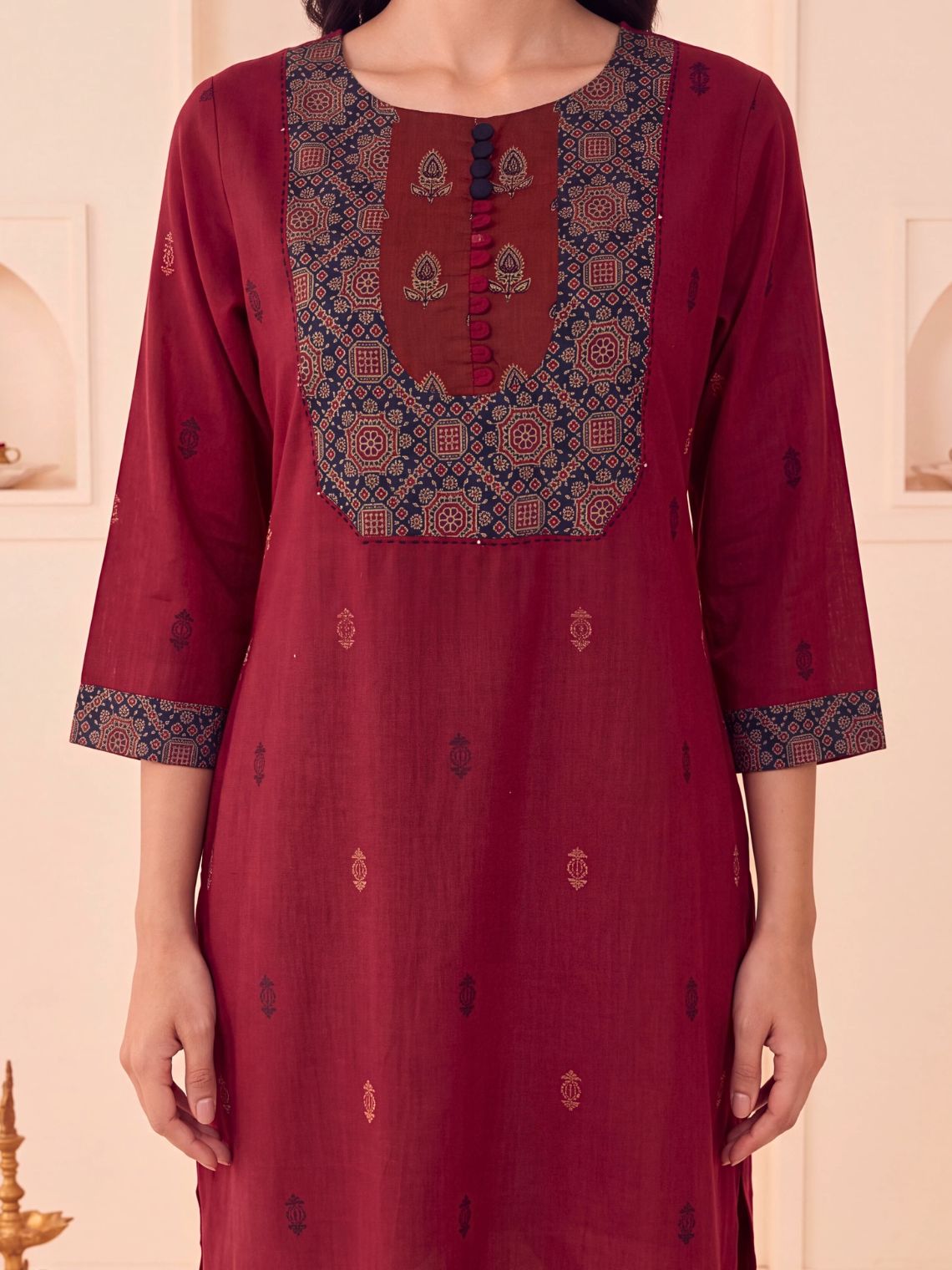 Saanjh Handloom Cotton Straight Kurti with Handwork - Red - Chowkhat Lifestyle