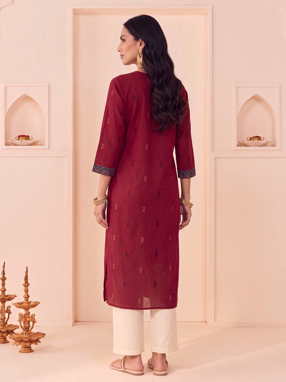 Saanjh Handloom Cotton Straight Kurti with Handwork - Red - Chowkhat Lifestyle