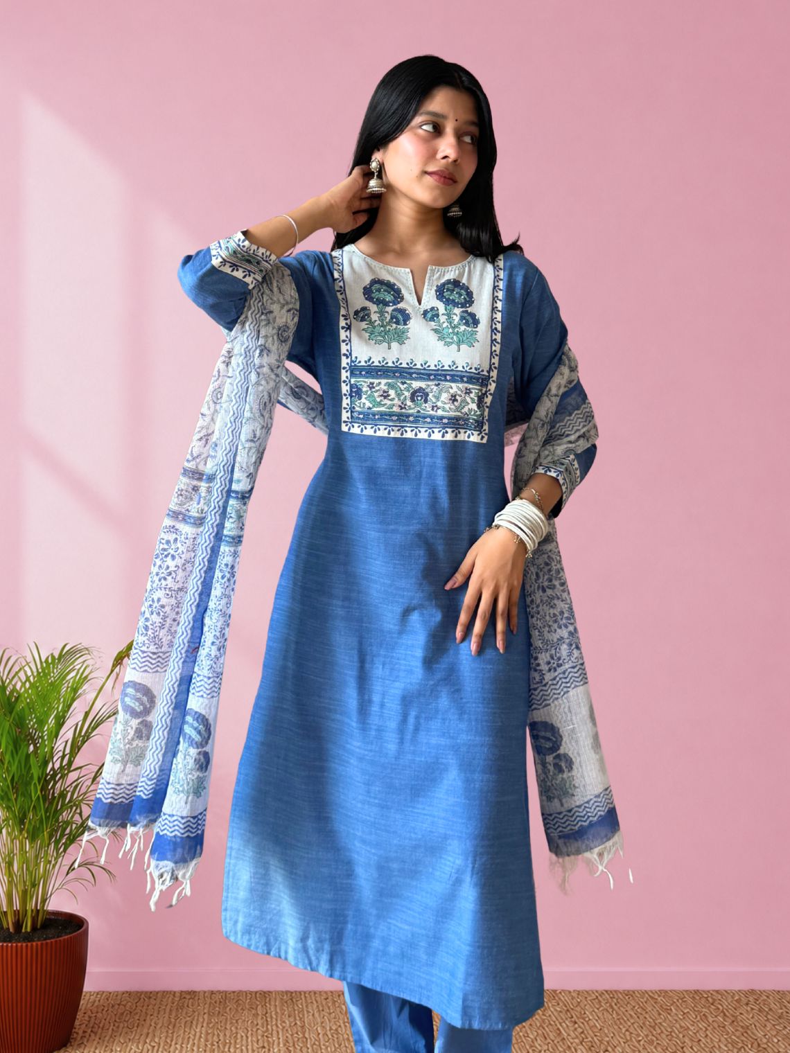 Saanjh Handloom Slub Cotton 3 Piece Stitched Suit Set with hand block & Handwork - Chowkhat Lifestyle