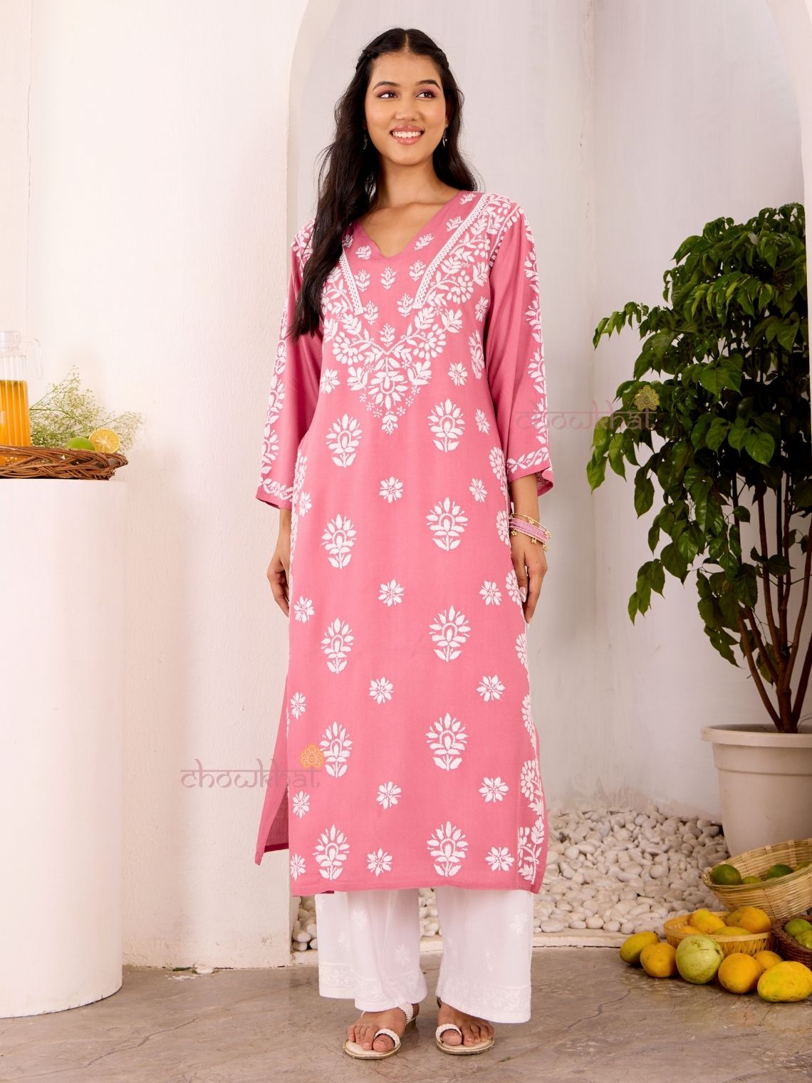 Navya Rayon Straight Chikankari Kurti with Lace - Chowkhat Lifestyle