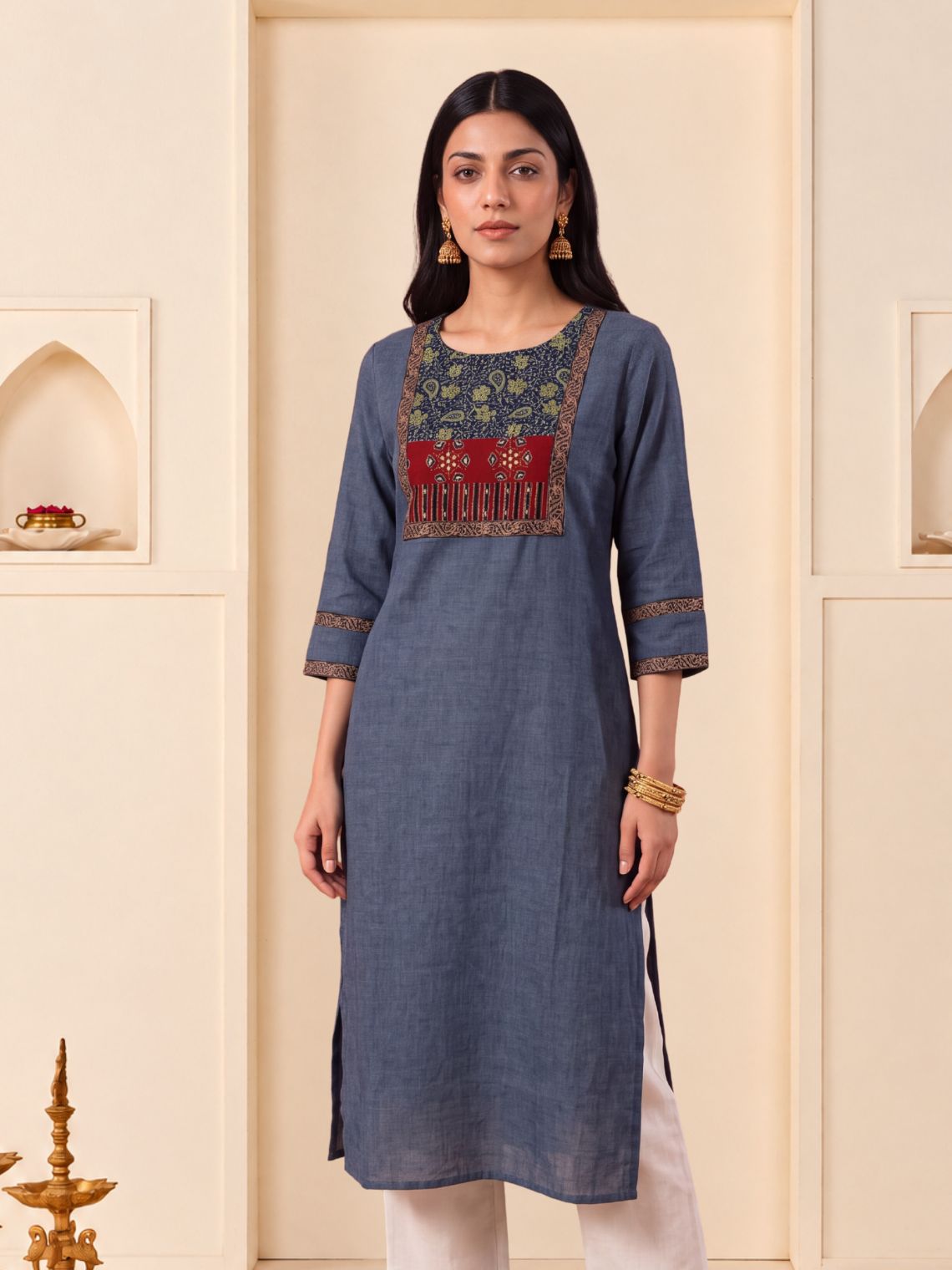 Saanjh Handloom Cotton Straight Kurti with Handwork - Blue - Chowkhat Lifestyle