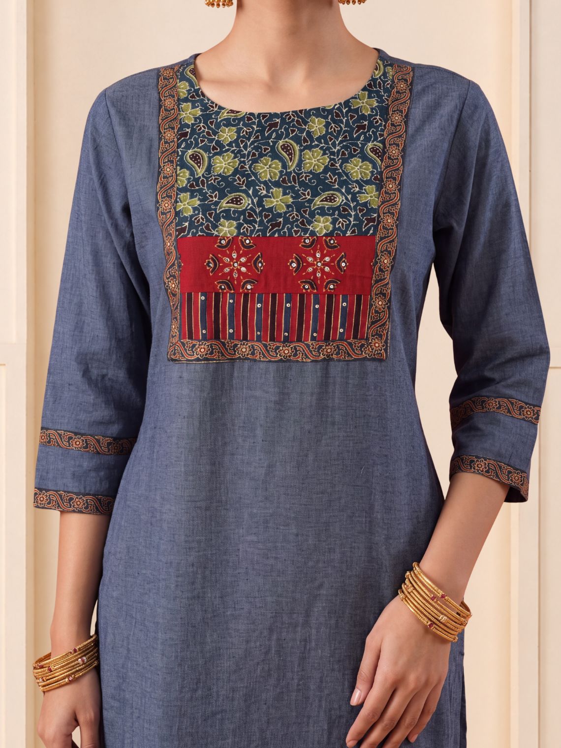 Saanjh Handloom Cotton Straight Kurti with Handwork - Blue - Chowkhat Lifestyle