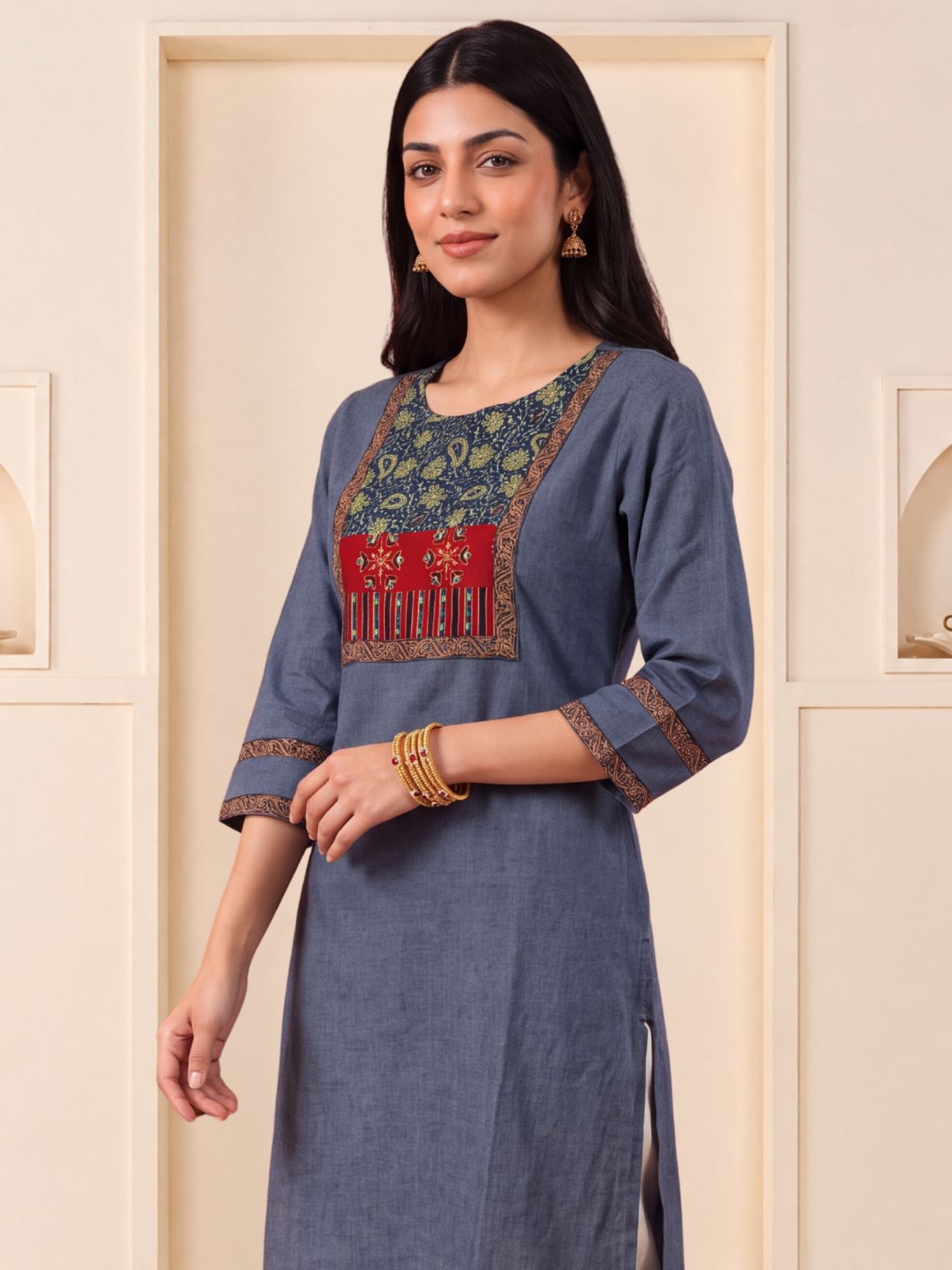 Saanjh Handloom Cotton Straight Kurti with Handwork - Blue - Chowkhat Lifestyle
