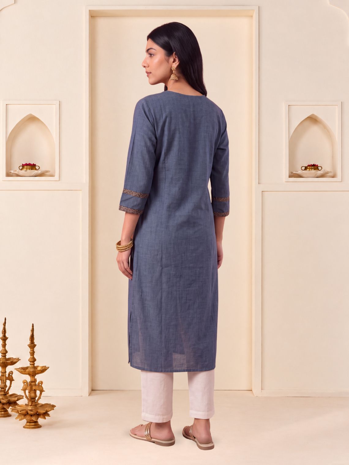 Saanjh Handloom Cotton Straight Kurti with Handwork - Blue - Chowkhat Lifestyle
