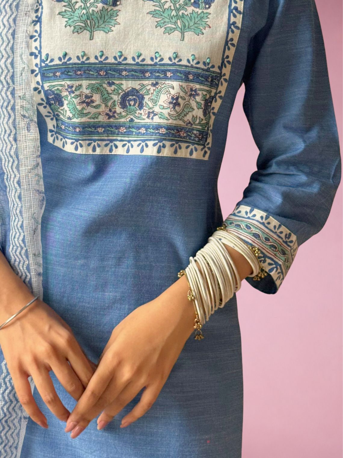 Saanjh Handloom Slub Cotton 3 Piece Stitched Suit Set with hand block & Handwork - Chowkhat Lifestyle
