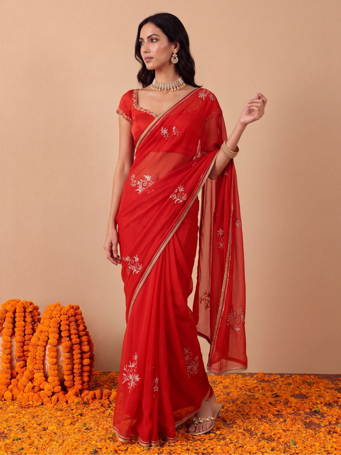 Shagun Hand Embroidered Kasab Work Chiffon Saree with Blouse Piece - Chowkhat Lifestyle