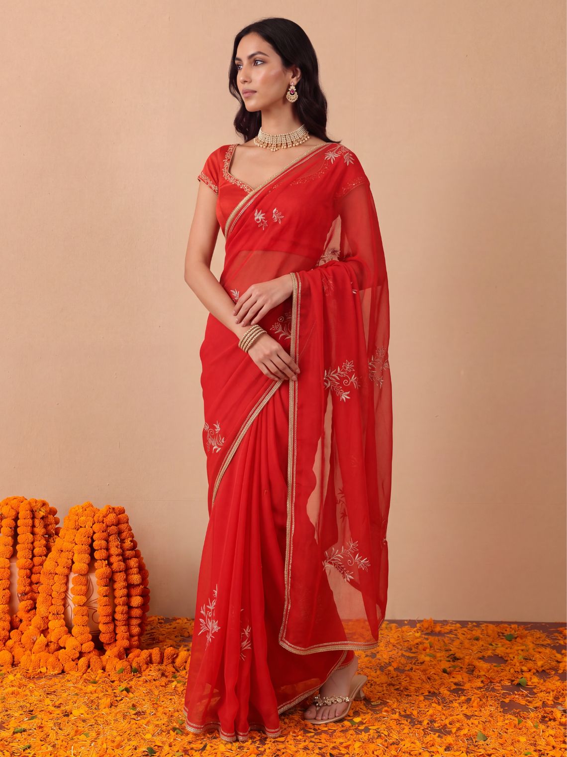 Shagun Hand Embroidered Kasab Work Chiffon Saree with Blouse Piece - Chowkhat Lifestyle