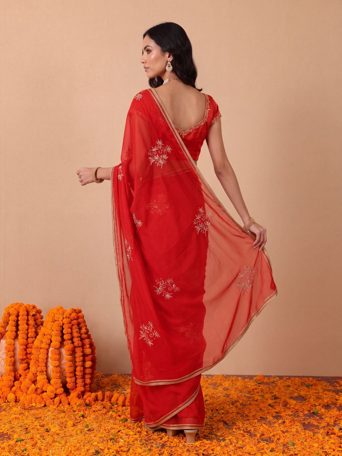 Shagun Hand Embroidered Kasab Work Chiffon Saree with Blouse Piece - Chowkhat Lifestyle