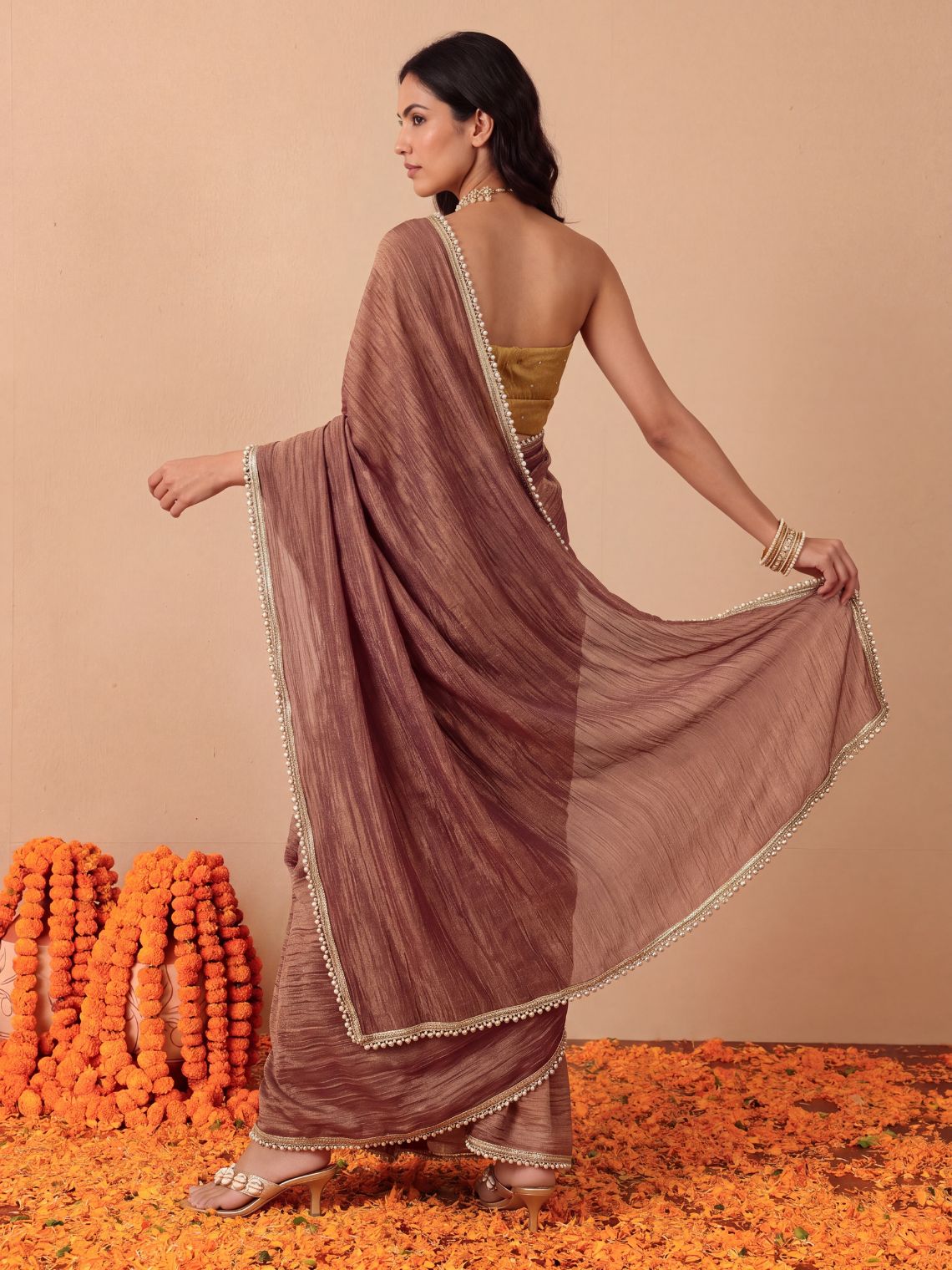 Param Sundari Shimmer Tissue Saree with Lace Detailing & Contrast Blouse Piece - Chowkhat Lifestyle