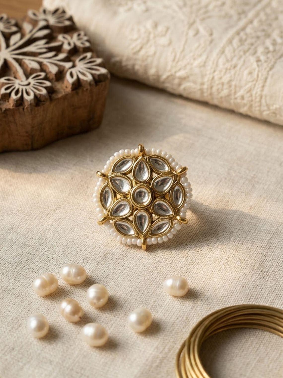 Evergreen Golden Stonework adjustable Ring With Pearl - Chowkhat Lifestyle
