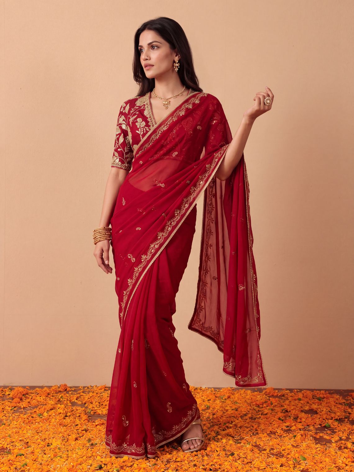 Shagun Hand Embroidered Kasab Work Chiffon Saree with Blouse Piece - Chowkhat Lifestyle
