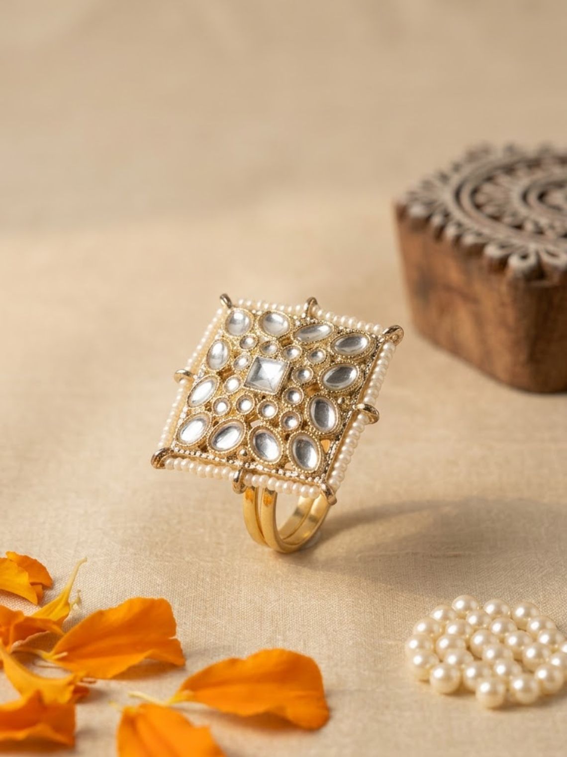 Dia Spark Golden stonework adjustable Ring With Pearl - Chowkhat Lifestyle