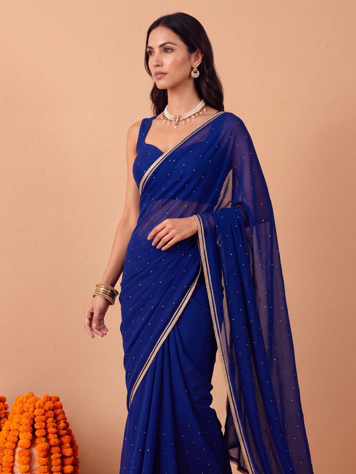 Neelakshi Hand Embroidered Mukaish Work Chiffon Saree with Blouse Piece - Chowkhat Lifestyle