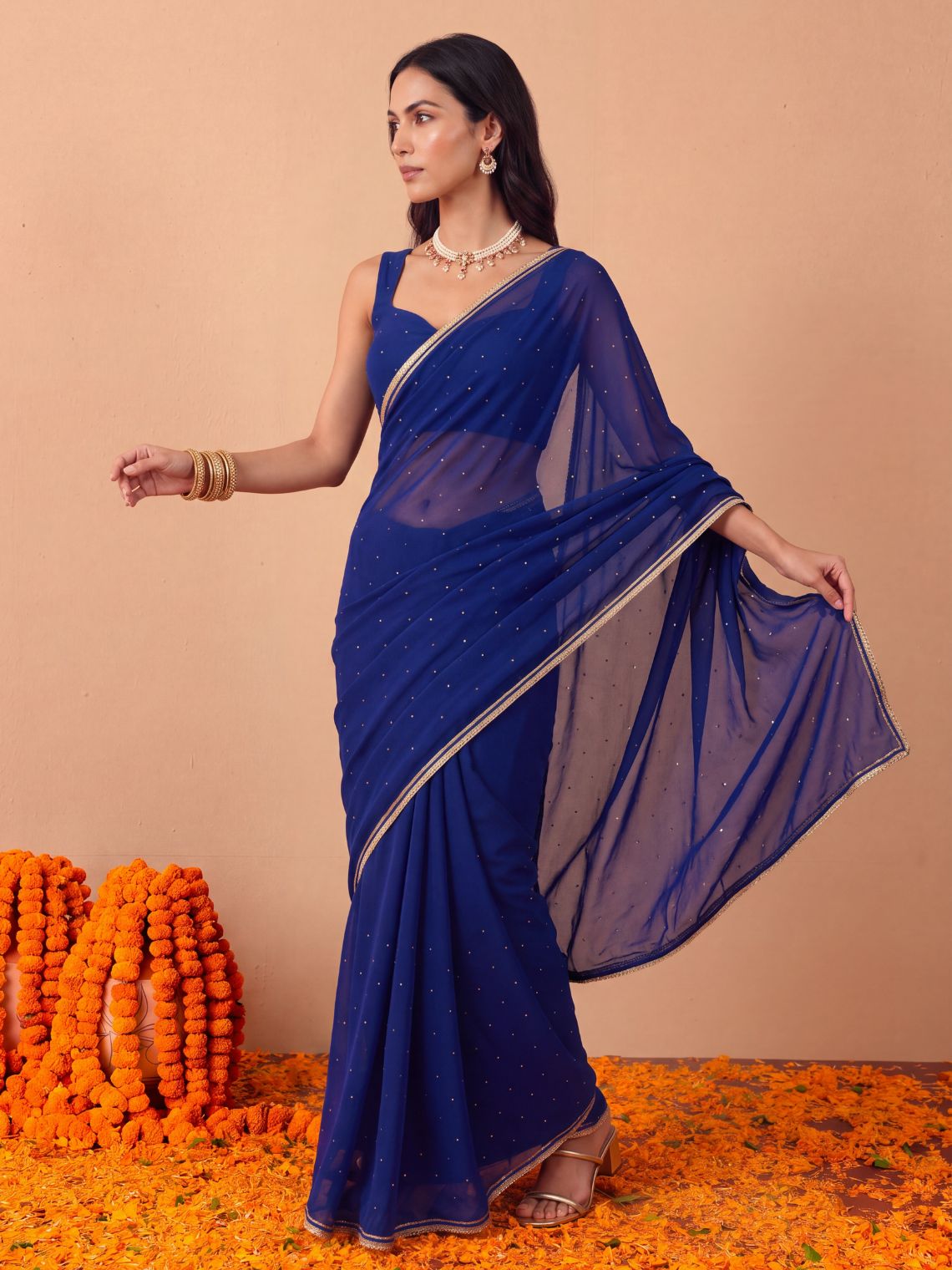Neelakshi Hand Embroidered Mukaish Work Chiffon Saree with Blouse Piece - Chowkhat Lifestyle