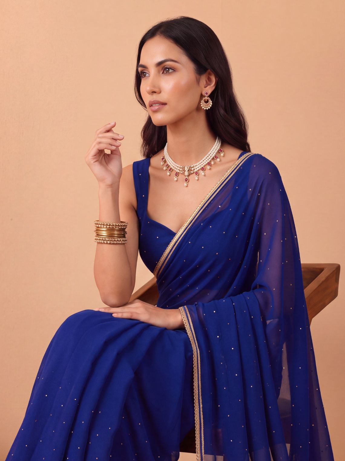 Neelakshi Hand Embroidered Mukaish Work Chiffon Saree with Blouse Piece - Chowkhat Lifestyle