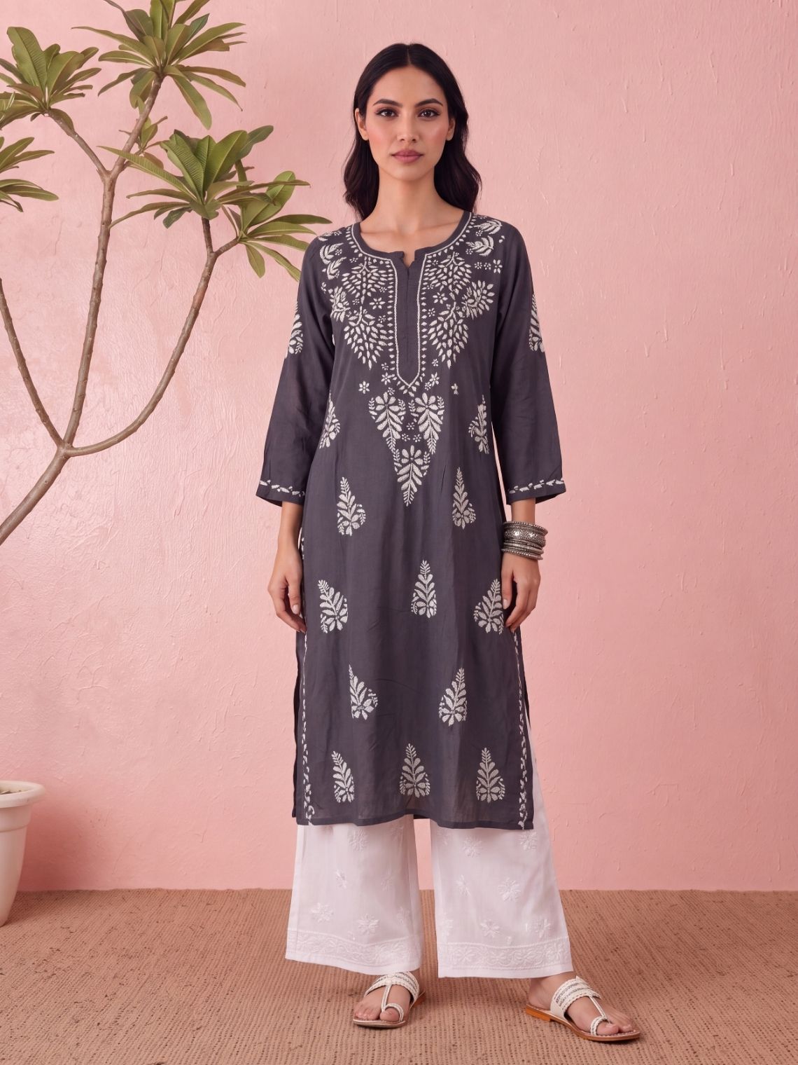 Roohi Modal Straight Long Chikankari Kurti - Chowkhat Lifestyle