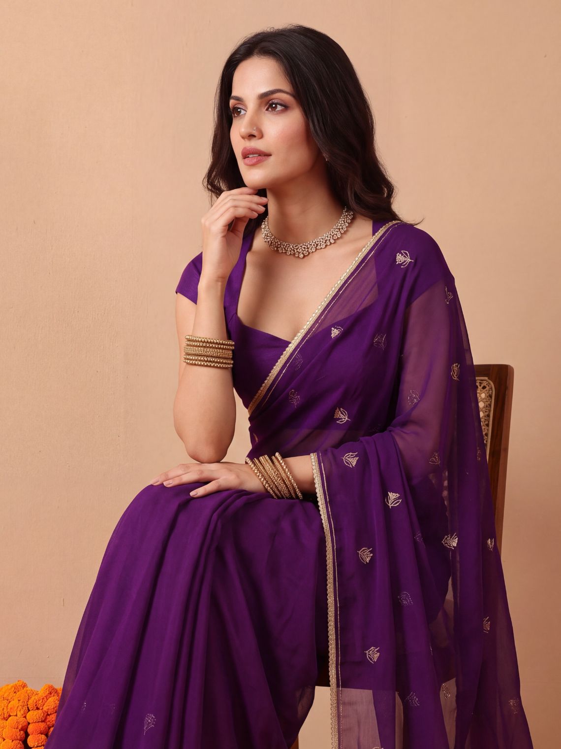 Shagun Hand Embroidered Kasab Work Chiffon Saree with Blouse Piece - Chowkhat Lifestyle