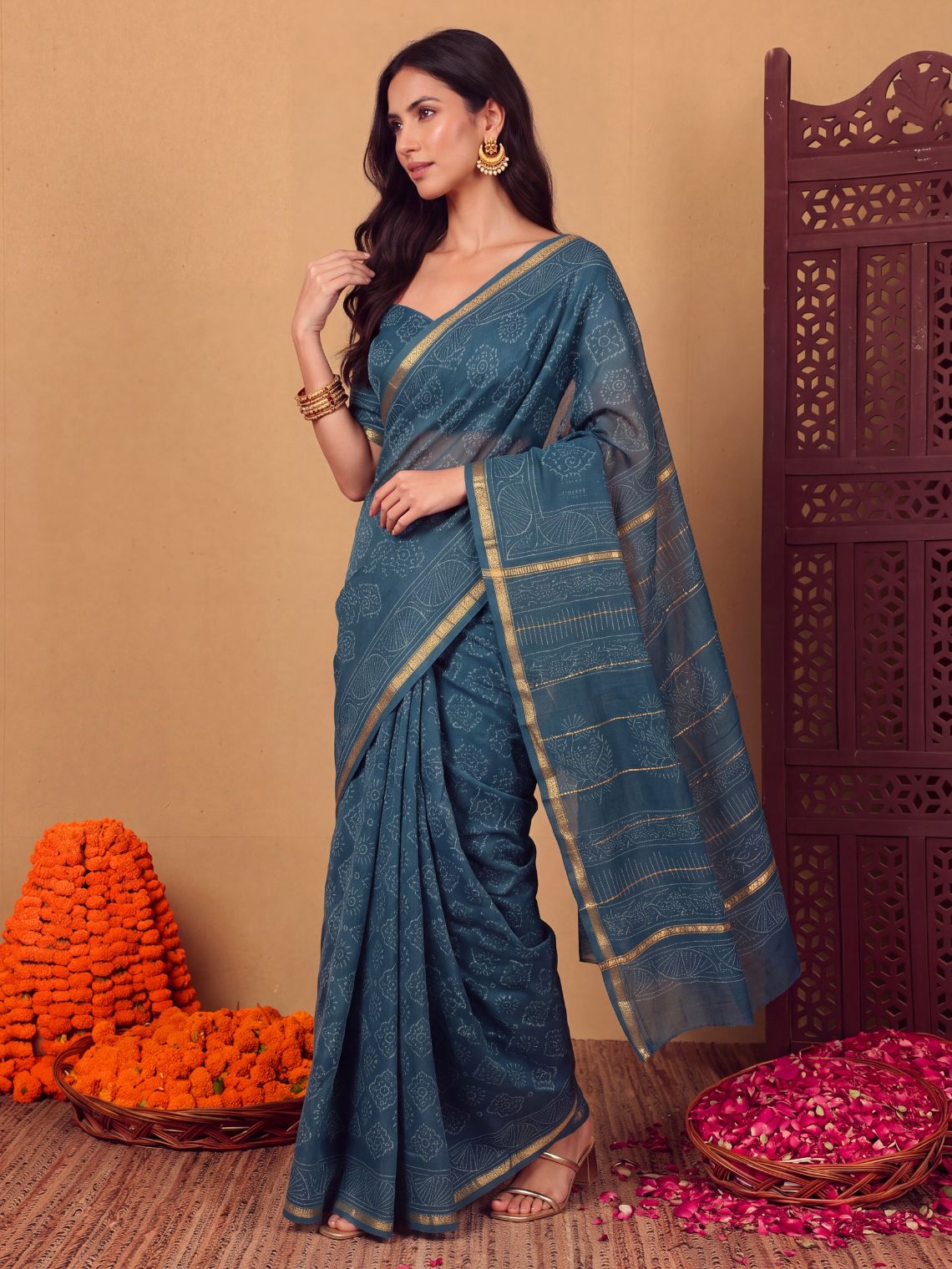 Sitara Premium Hand Block Chanderi Saree with zari Border - Chowkhat Lifestyle