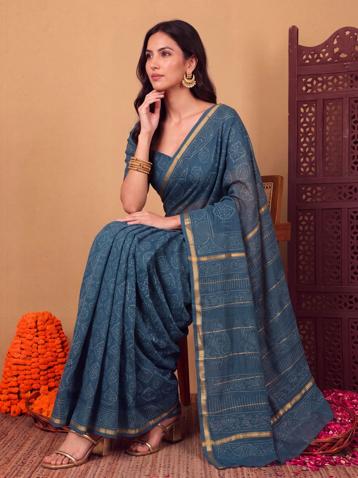 Sitara Premium Hand Block Chanderi Saree with zari Border - Chowkhat Lifestyle