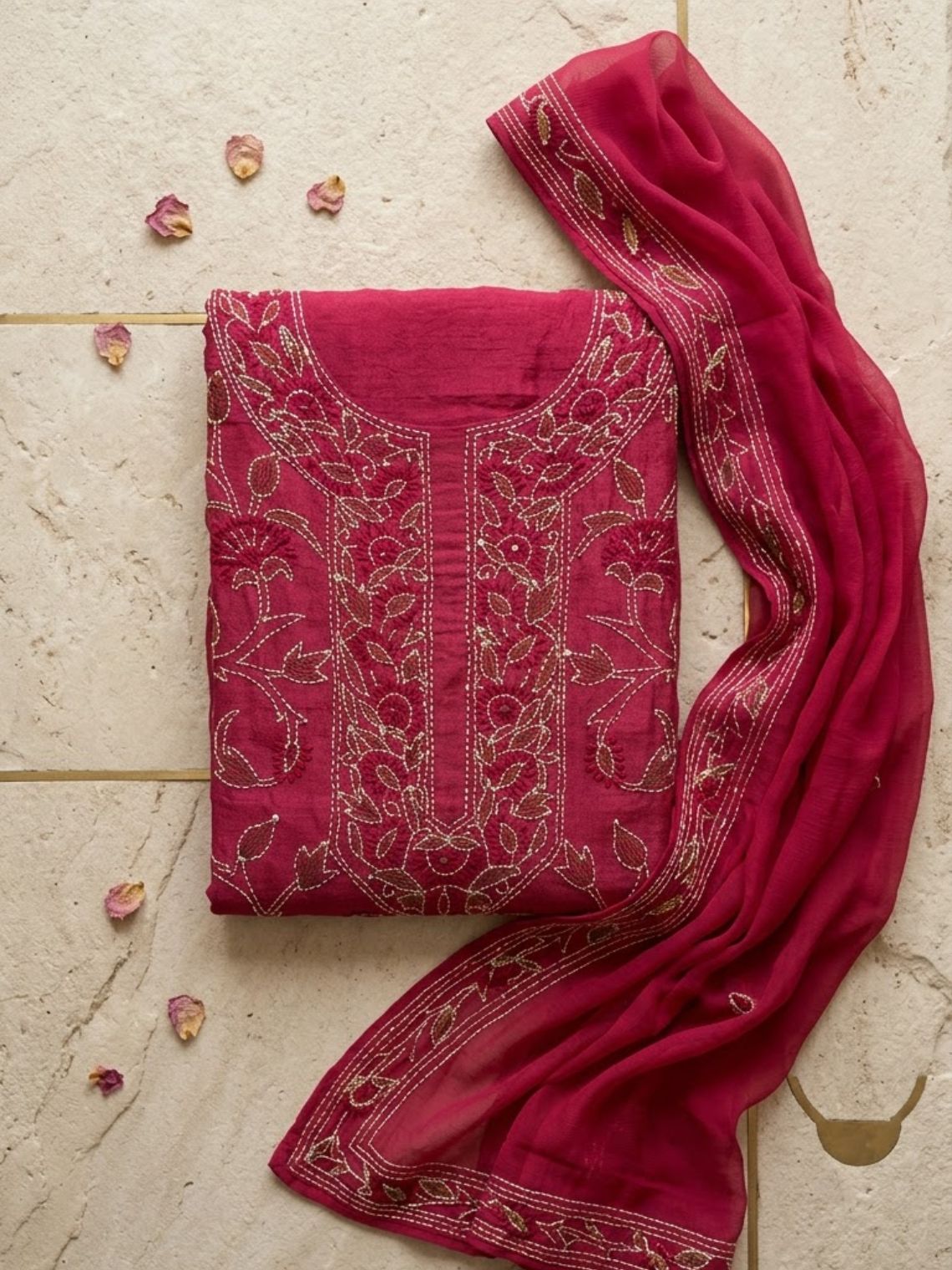 Arohi Kantha Embroidered Unstitched Silk Suit Set - Chowkhat Lifestyle