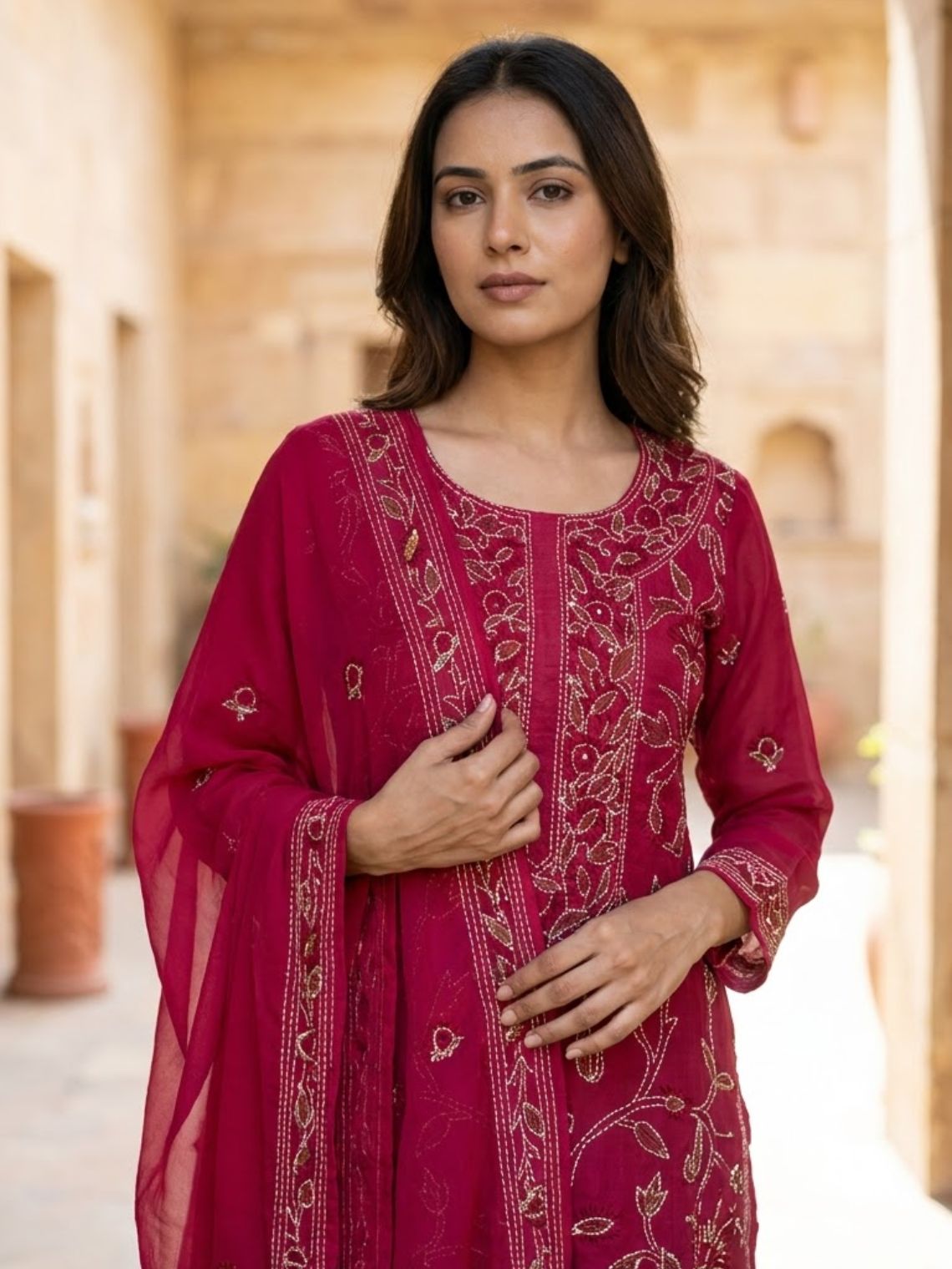 Arohi Kantha Embroidered Unstitched Silk Suit Set - Chowkhat Lifestyle