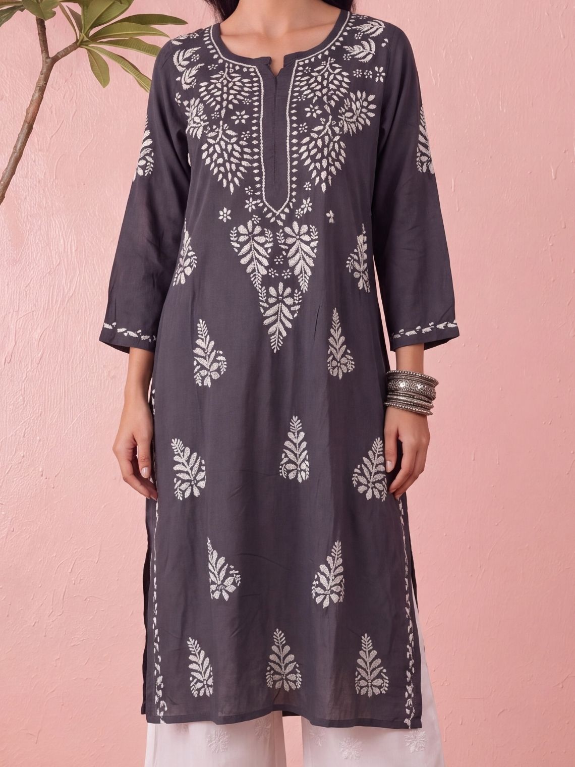 Roohi Modal Straight Long Chikankari Kurti - Chowkhat Lifestyle