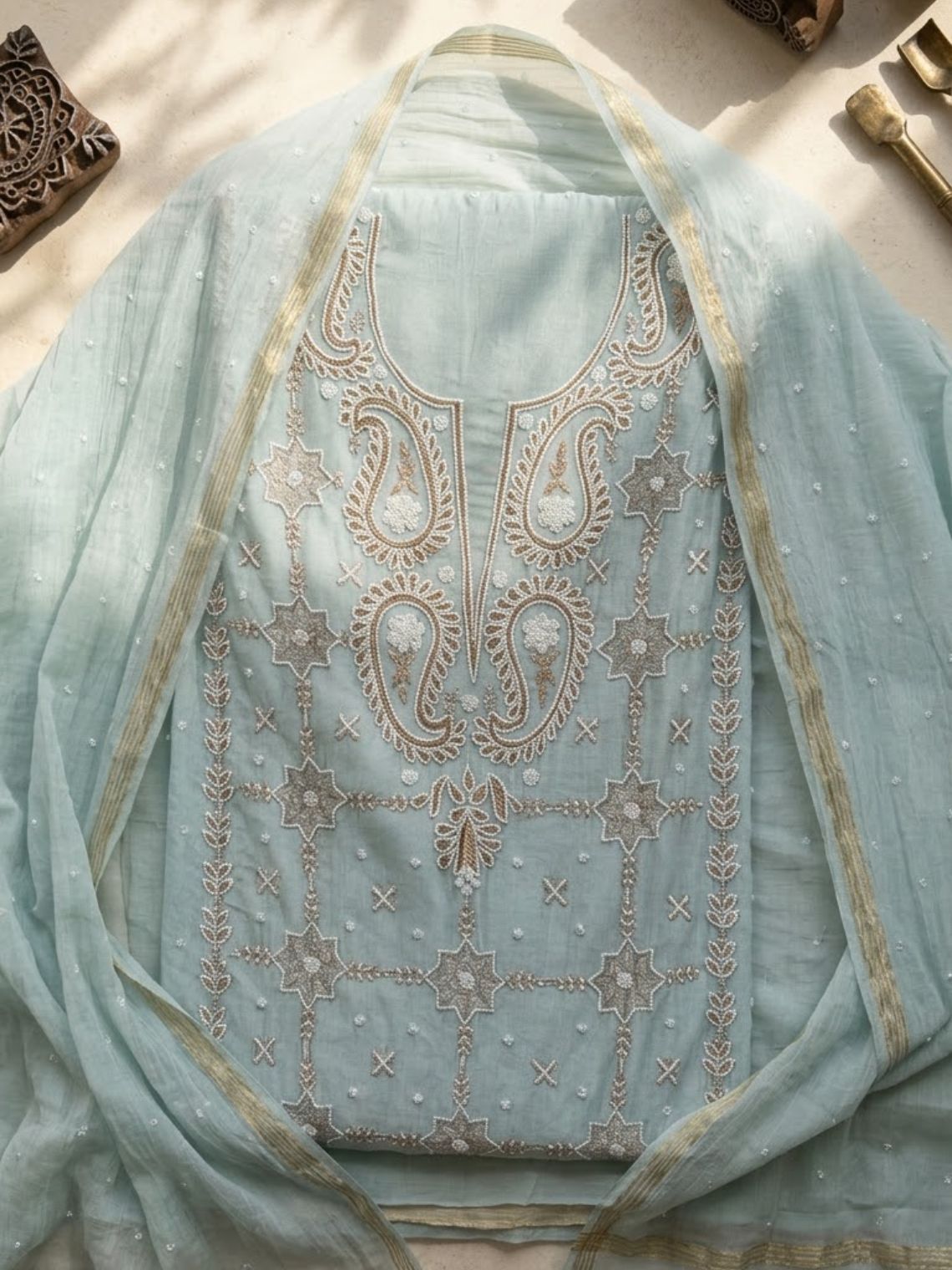 Jalsa Hand Embroidered Pearl and Kasab Work Mul Chanderi Unstitched Suit set - Chowkhat Lifestyle