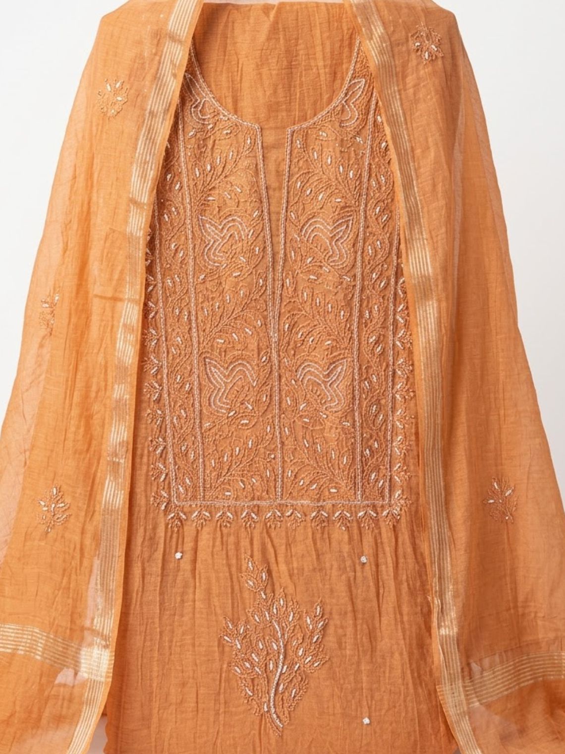 Sreeja Hand Embroidered Chikankari Mul Chanderi 3 Piece Unstitched Suit set - Chowkhat Lifestyle