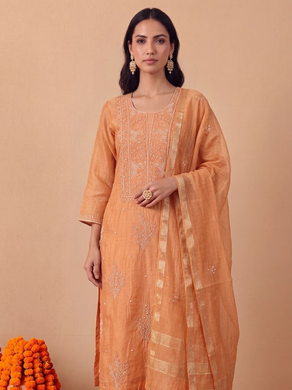 Sreeja Hand Embroidered Chikankari Mul Chanderi 3 Piece Unstitched Suit set - Chowkhat Lifestyle