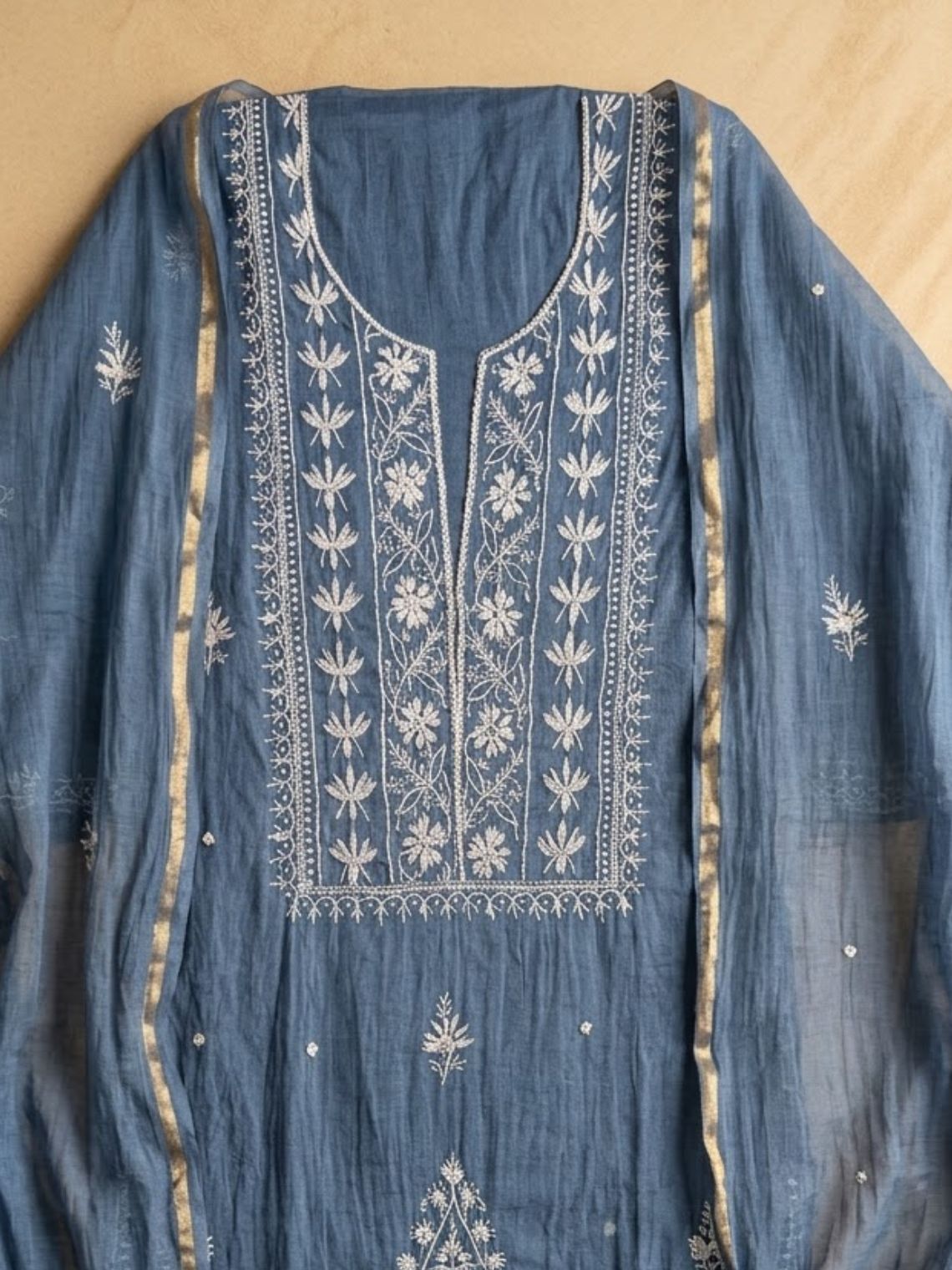 Raunak Hand Embroidered Chikankari Mul Chanderi Unstitched Suit set - Chowkhat Lifestyle