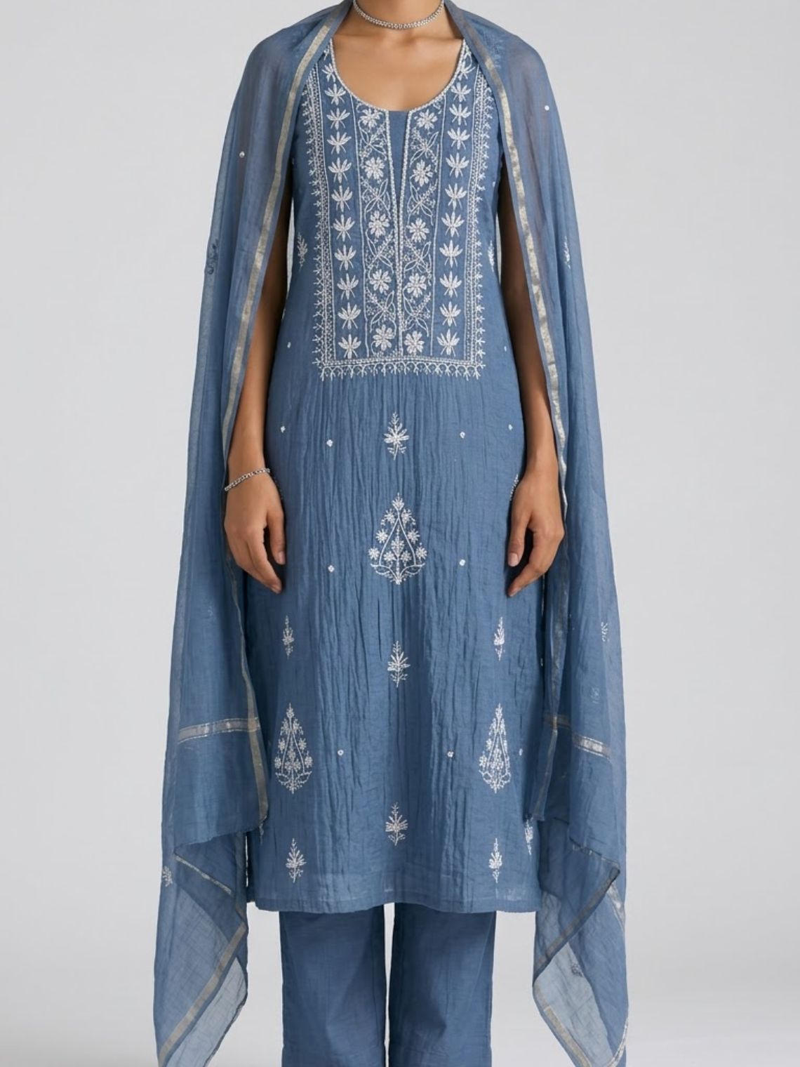 Raunak Hand Embroidered Chikankari Mul Chanderi Unstitched Suit set - Chowkhat Lifestyle