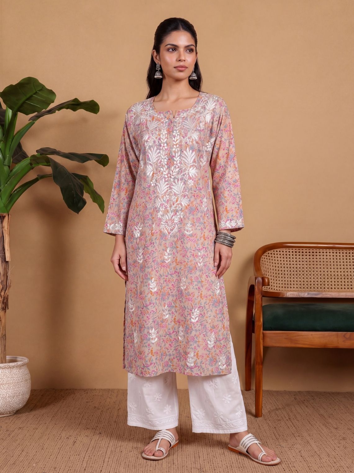 Nandini Cotton Straight Long Chikankari Kurti - Chowkhat Lifestyle