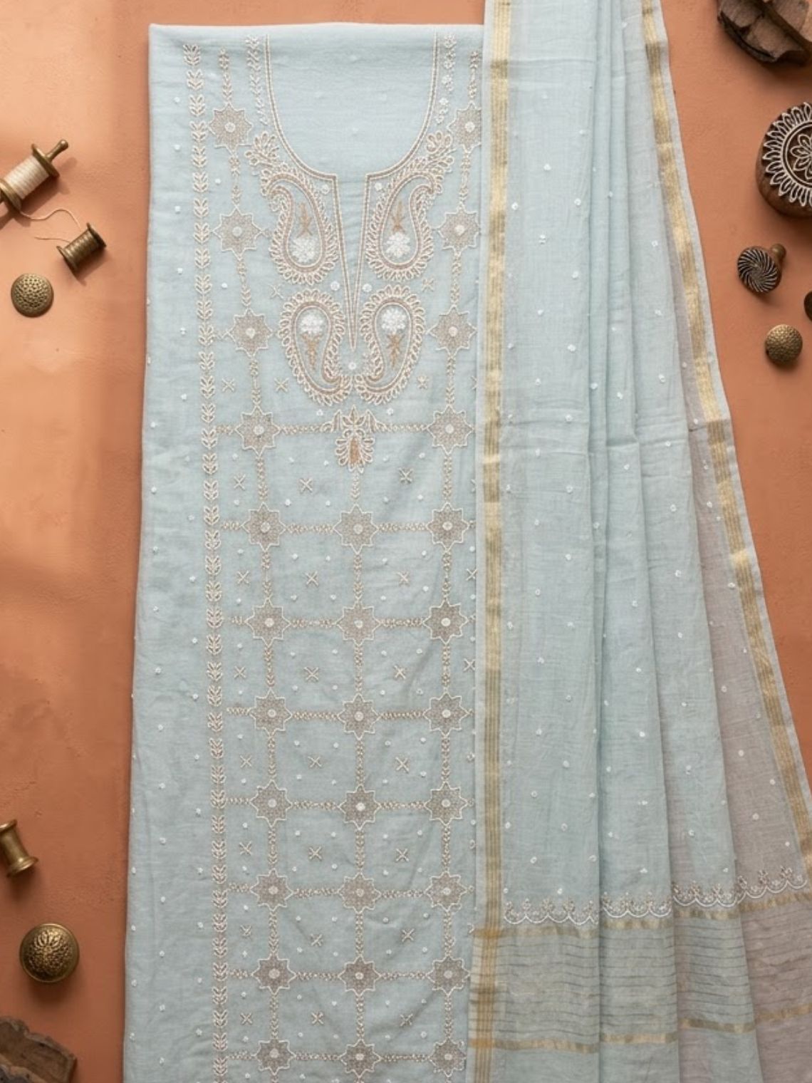 Jalsa Hand Embroidered Pearl and Kasab Work Mul Chanderi Unstitched Suit set