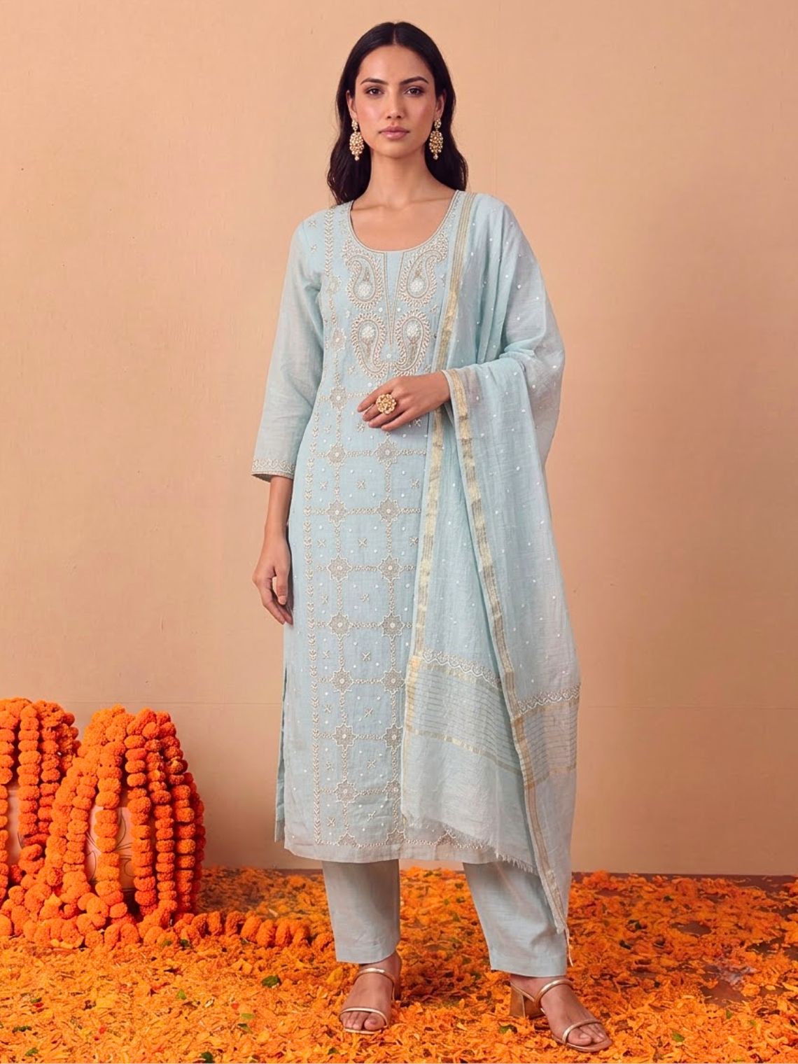 Jalsa Hand Embroidered Pearl and Kasab Work Mul Chanderi Unstitched Suit set