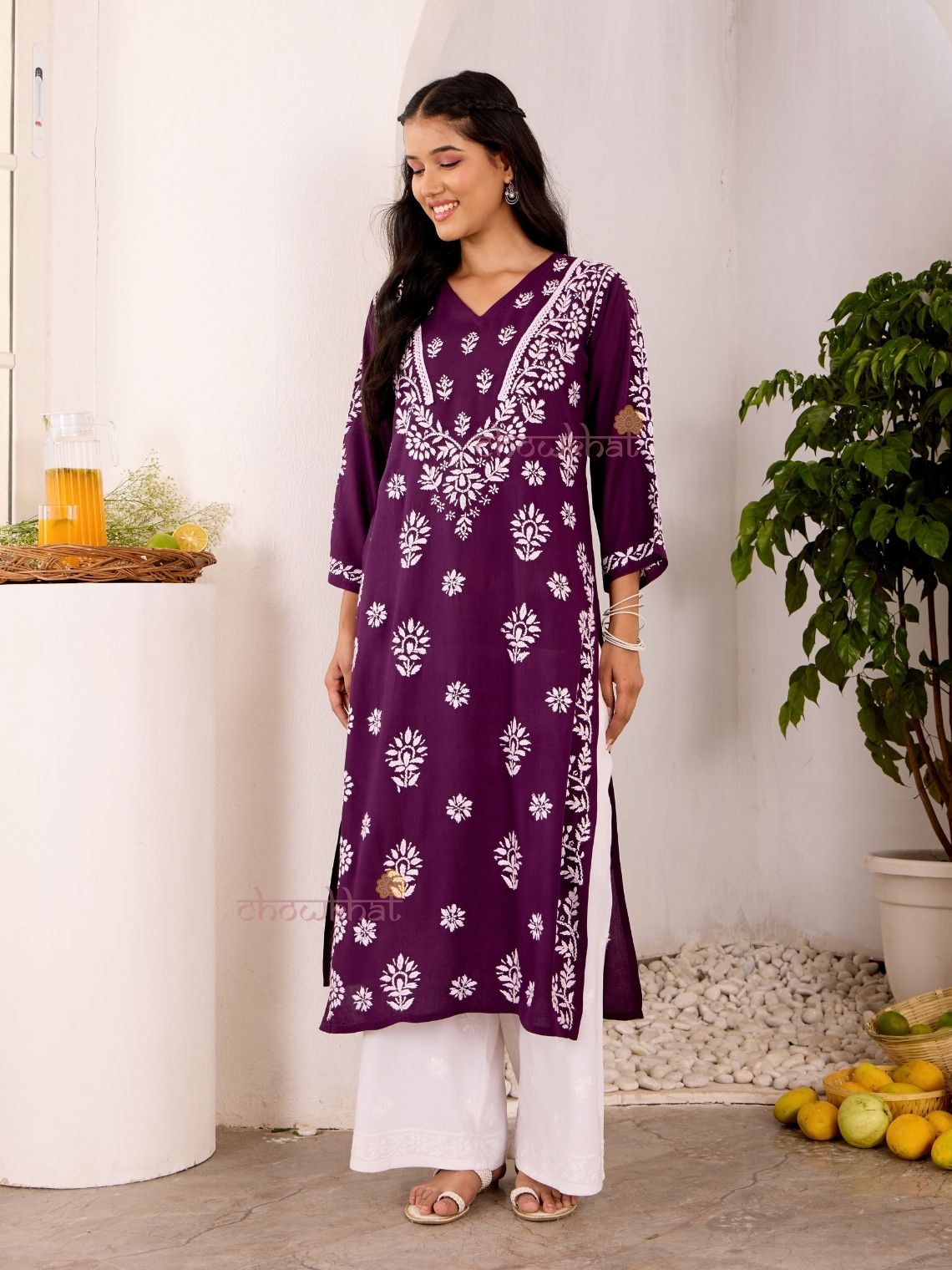 Navya Rayon Straight Chikankari Kurti with Lace - Chowkhat Lifestyle