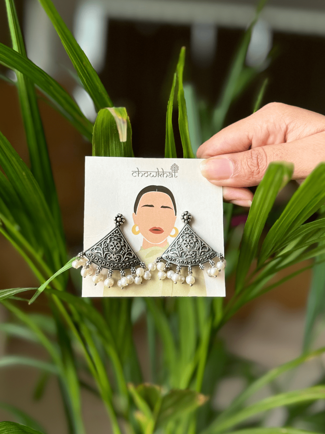 German Silver Handcrfated Pearl Triangle Stud Earrings - Chowkhat Lifestyle