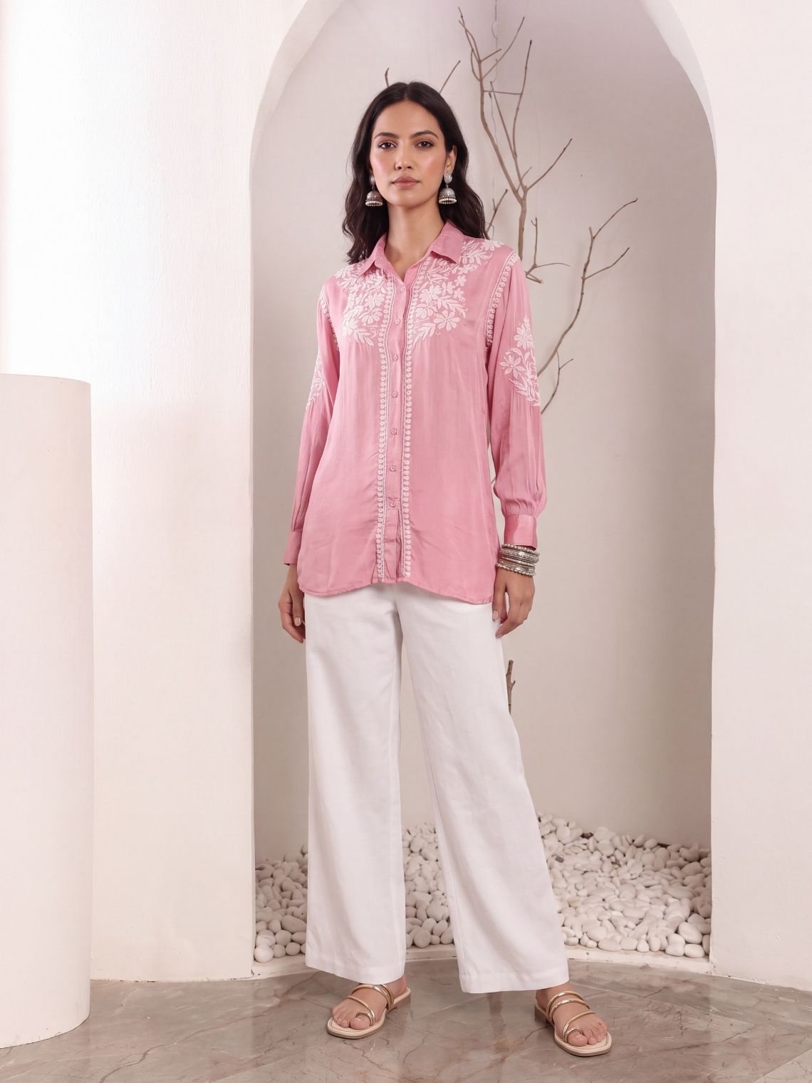 Kashika Modal Satin Chikankari High Low Shirt - Chowkhat Lifestyle