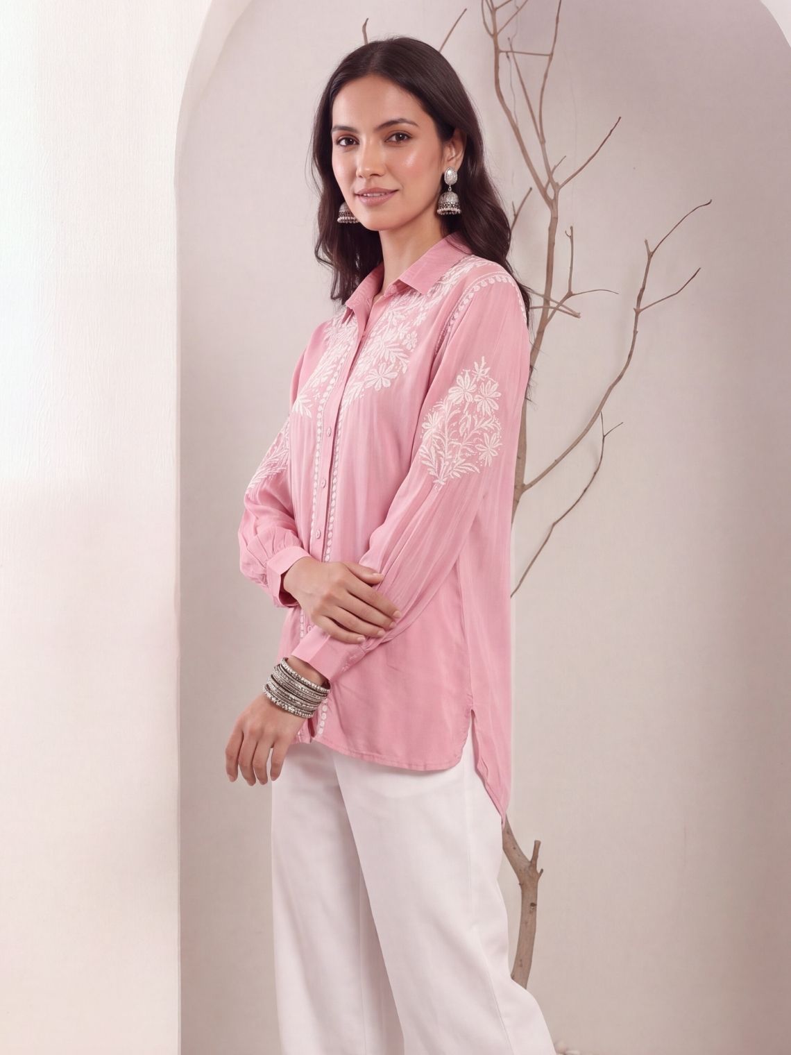 Kashika Modal Satin Chikankari High Low Shirt - Chowkhat Lifestyle