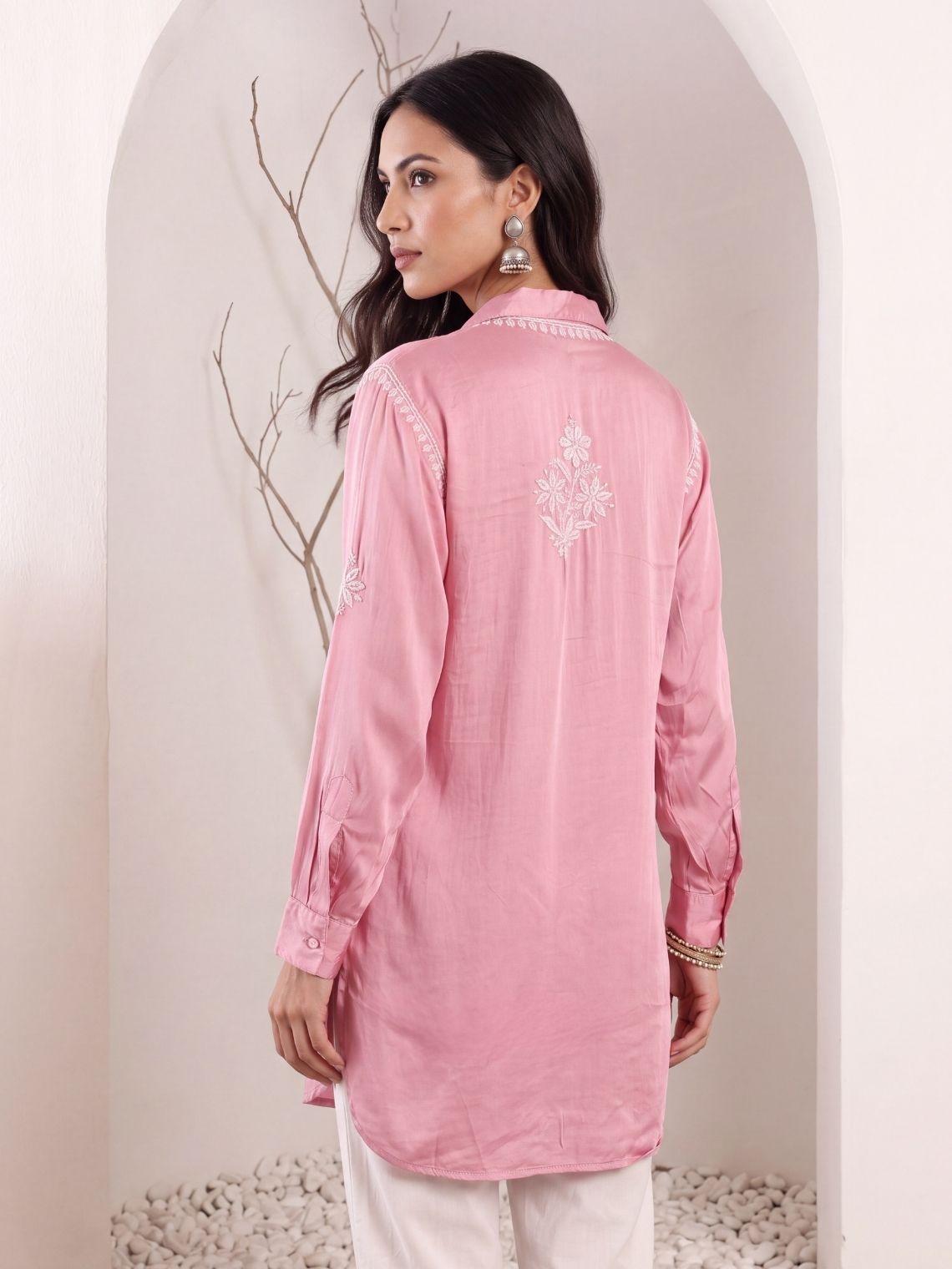 Kashika Modal Satin Chikankari High Low Shirt - Chowkhat Lifestyle