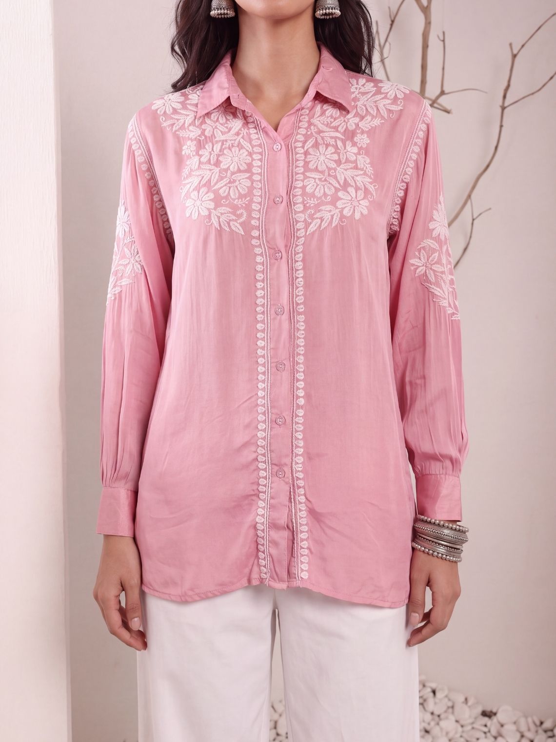 Kashika Modal Satin Chikankari High Low Shirt - Chowkhat Lifestyle