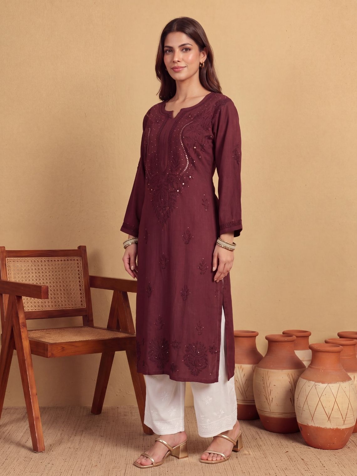 Tarika Straight Rayon Mukaish Chikankari Long Kurta - Chowkhat Lifestyle