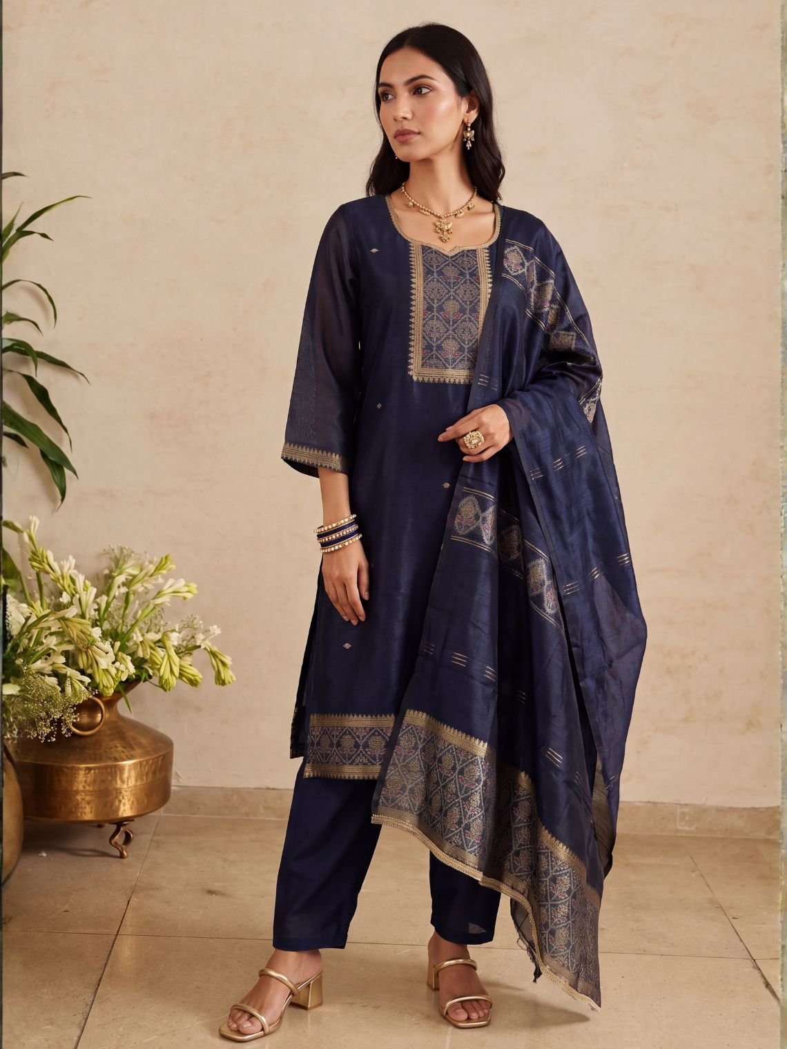 Vaani Jamdani Silk Kurta & Palazzo Suit Set with Dupatta - Chowkhat Lifestyle