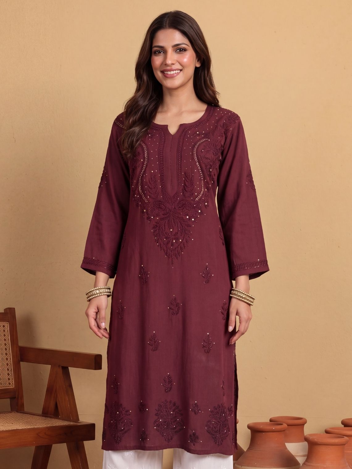 Tarika Straight Rayon Mukaish Chikankari Long Kurta - Chowkhat Lifestyle