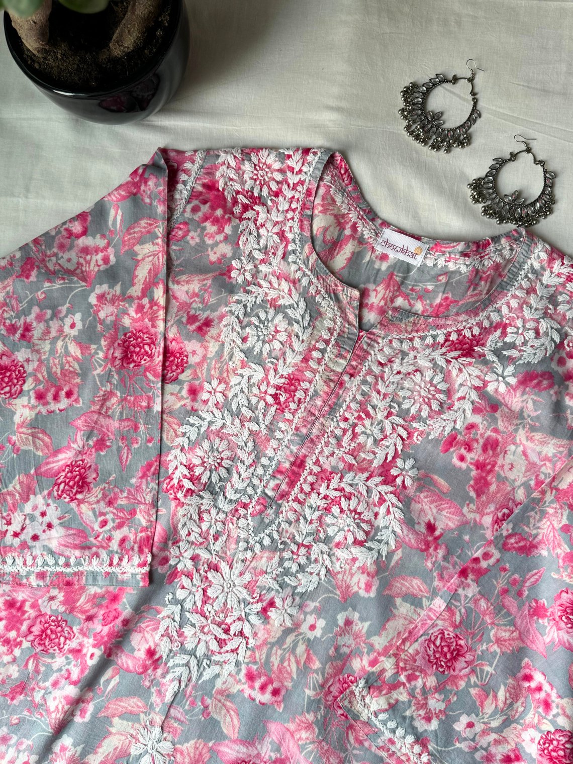 Noor - e - Ada Mul Cotton Long Chikankari Kurti - Special Size - Chowkhat Lifestyle