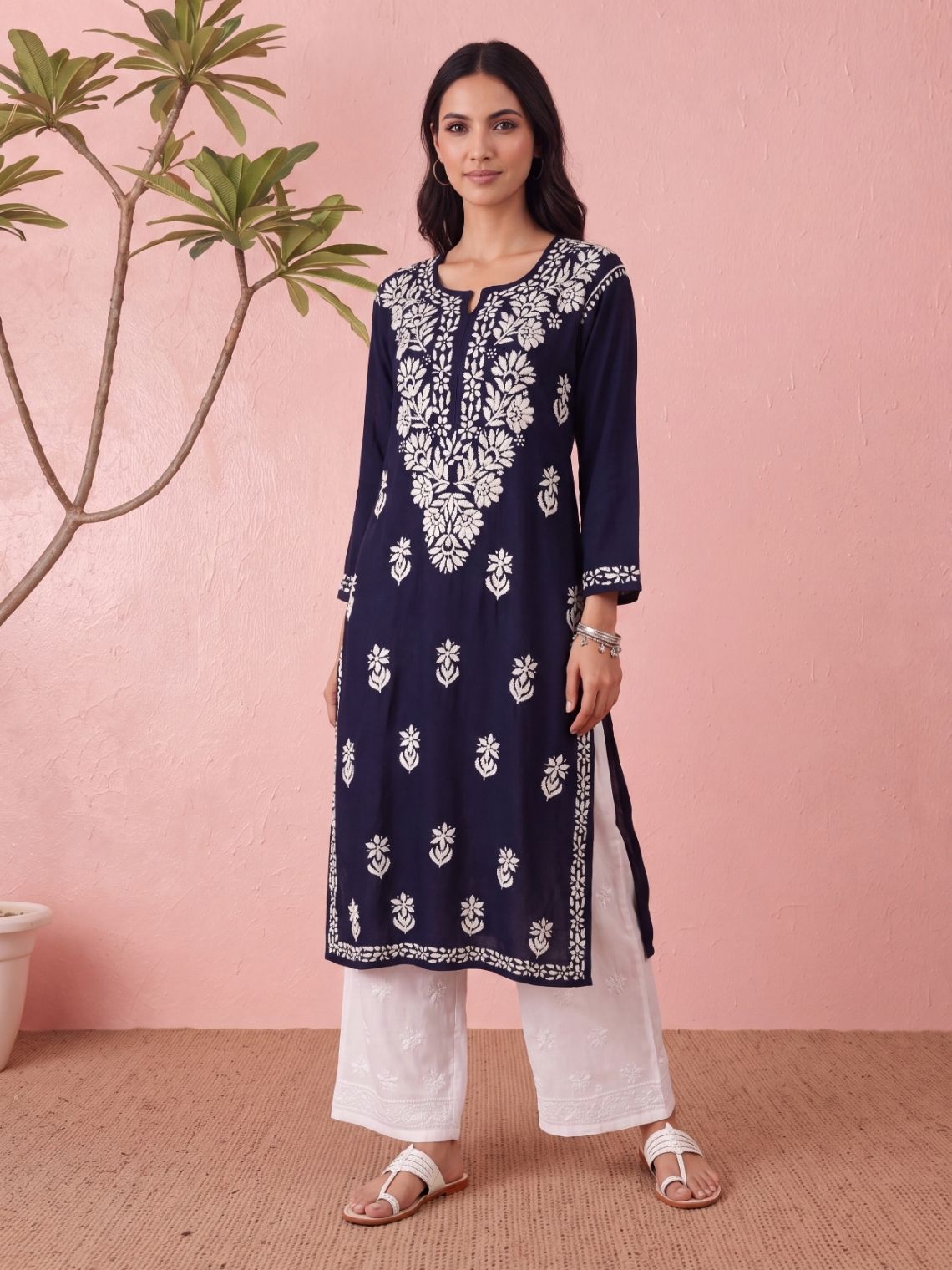 Tisha Straight Rayon Chikankari Long Kurti - Chowkhat Lifestyle