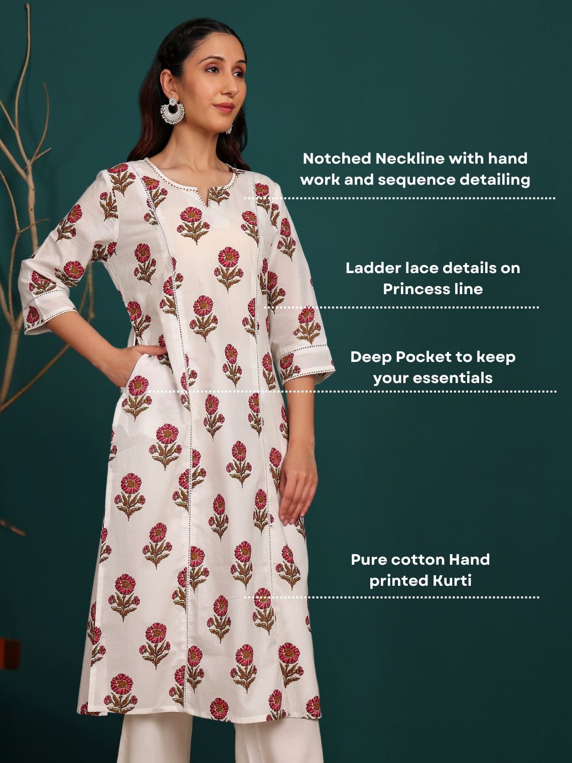 Savya Hand Printed Cotton Kurti with Lace Detailing - Chowkhat Lifestyle
