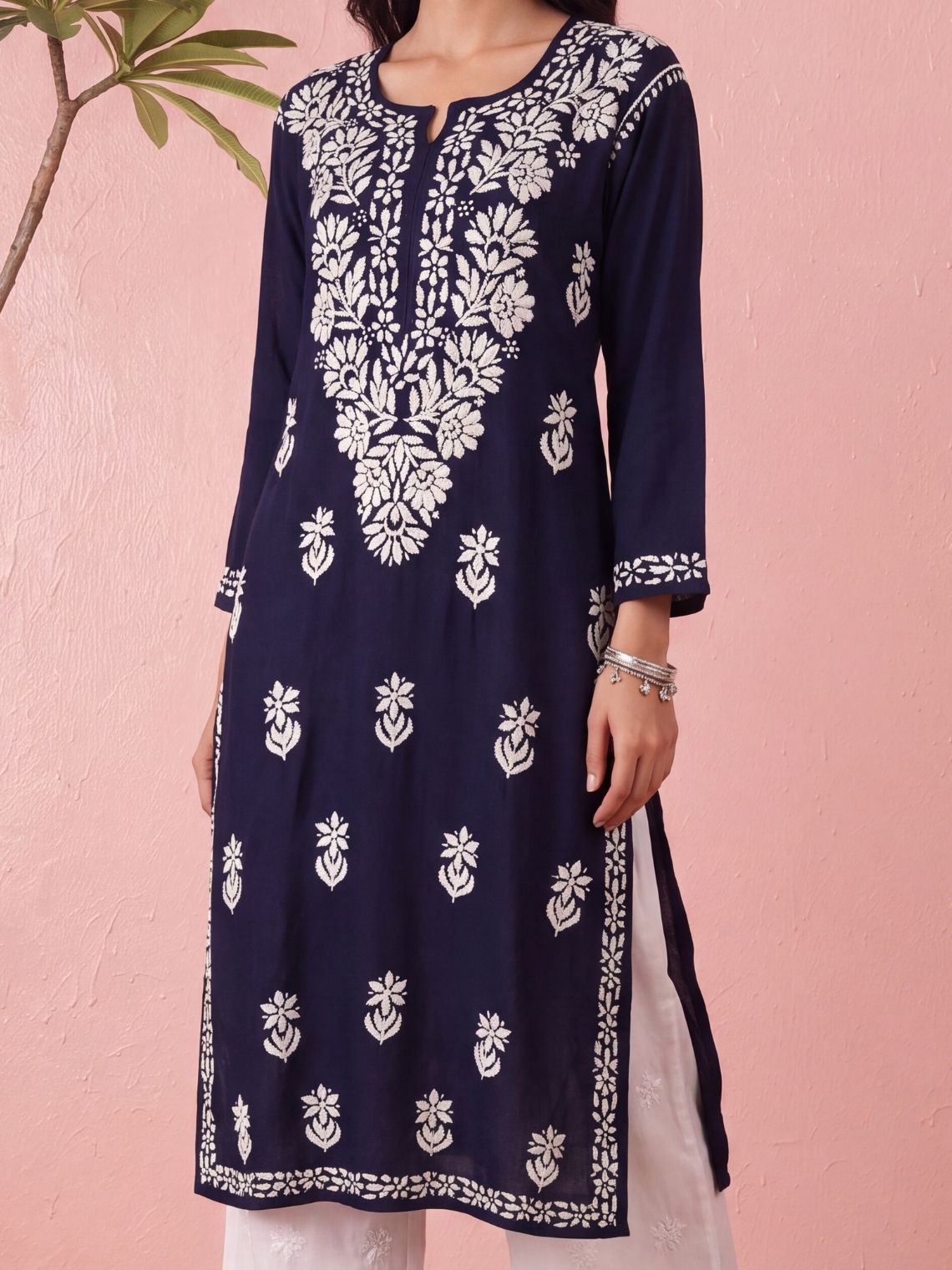 Tisha Straight Rayon Chikankari Long Kurti - Chowkhat Lifestyle