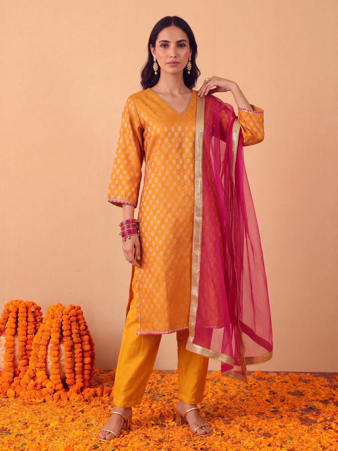 Paakhi Hand Embroidered Chanderi Kurta & Palazzo set with Contrast Organza Dupatta - Chowkhat Lifestyle